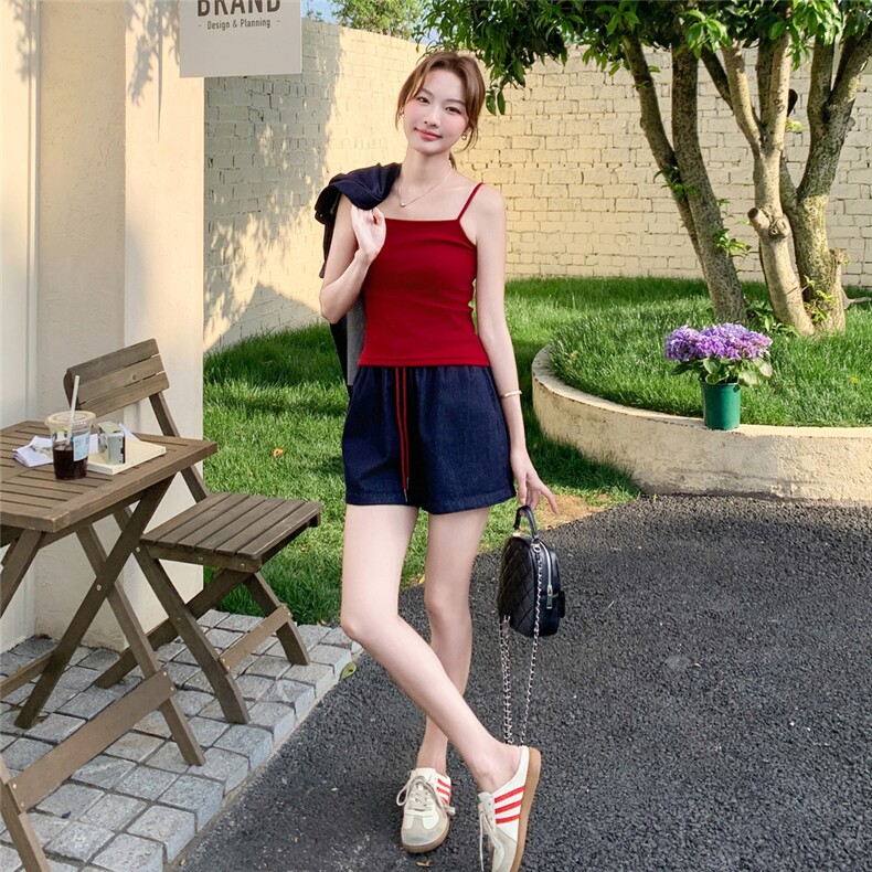 休闲时尚牛仔衬衫短裤套装女夏2025新款大方得体穿搭三件套巨好看,女装套装/套裙,2D044