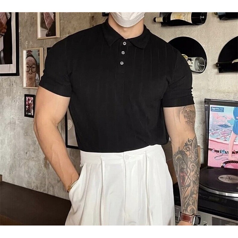 纯色轻熟翻领竖条纹纹理百搭冰丝针织短袖POLO衫PL115/P55，男装Polo衫，电商A243