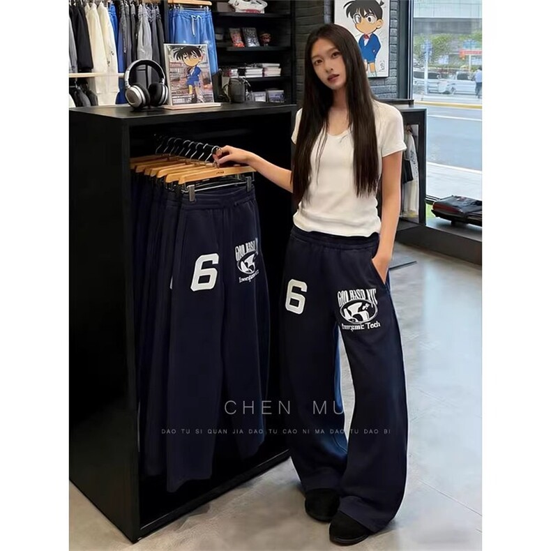美式字母蓝色卫裤男女网红洋气宽松显瘦直筒阔腿休闲裤,男装休闲裤,星座302B