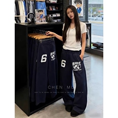 美式字母蓝色卫裤男女网红洋气宽松显瘦直筒阔腿休闲裤，男装休闲裤，星座302B