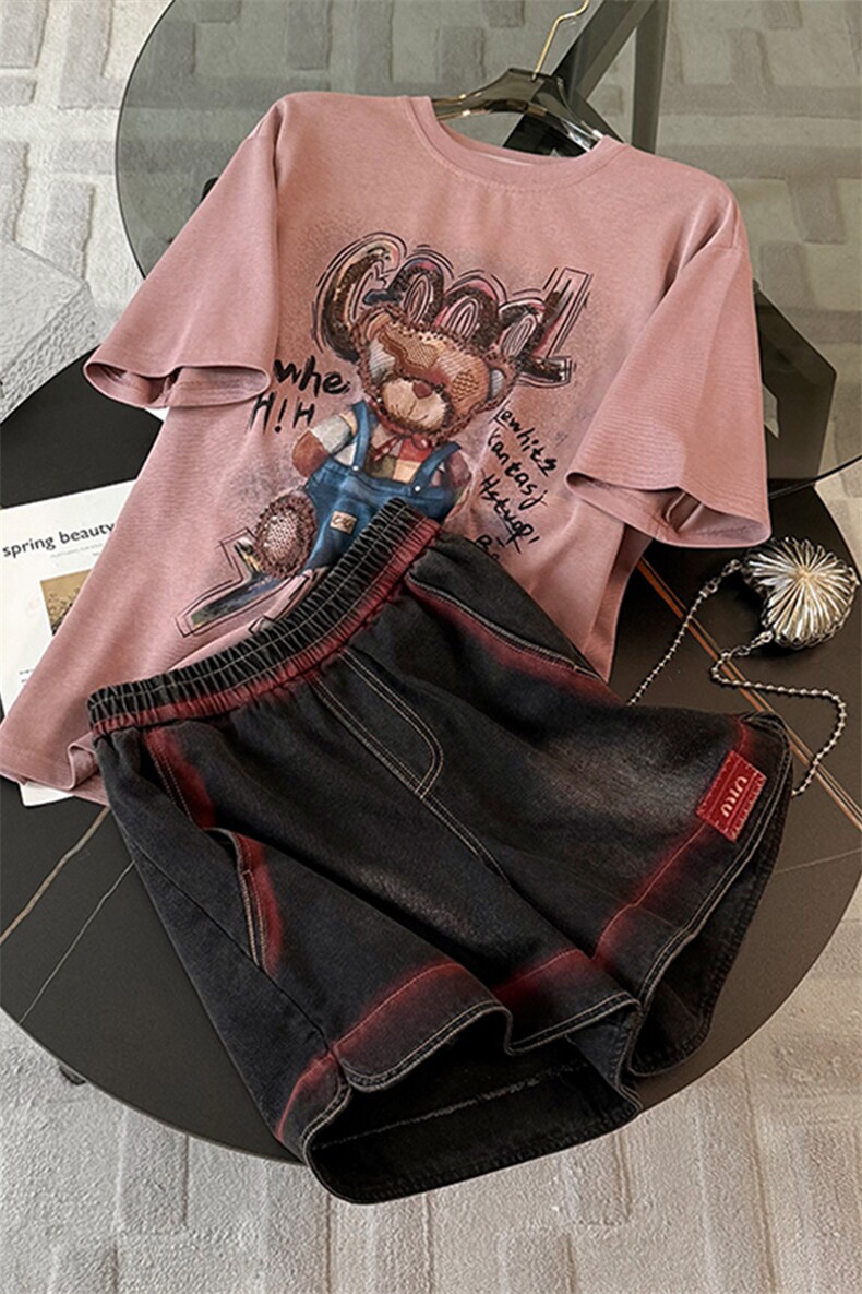 美式潮牌休闲时尚套装女夏季新款圆领短袖小熊上衣宽松短裤两件套,女装套装/套裙,2C310