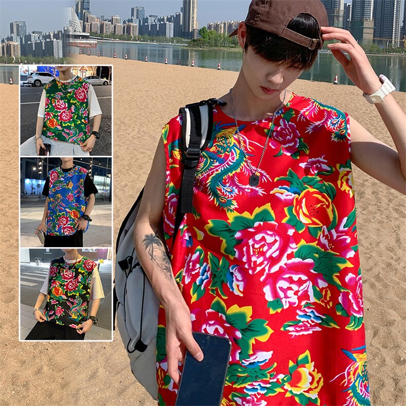 夏季大码东北大花布男背心坎肩运动马甲男装风民族牡丹花MJ01图片