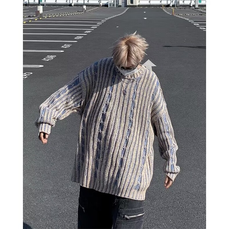 冬季复古拼色竖条纹圆领针织衫男女潮牌宽松情侣加厚毛衣,男装针织衫/毛衣,星座716-3