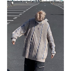冬季复古拼色竖条纹圆领针织衫男女潮牌宽松情侣加厚毛衣，男装针织衫/毛衣，星座716-3