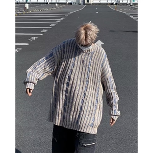 冬季复古拼色竖条纹圆领针织衫男女潮牌宽松情侣加厚毛衣图片