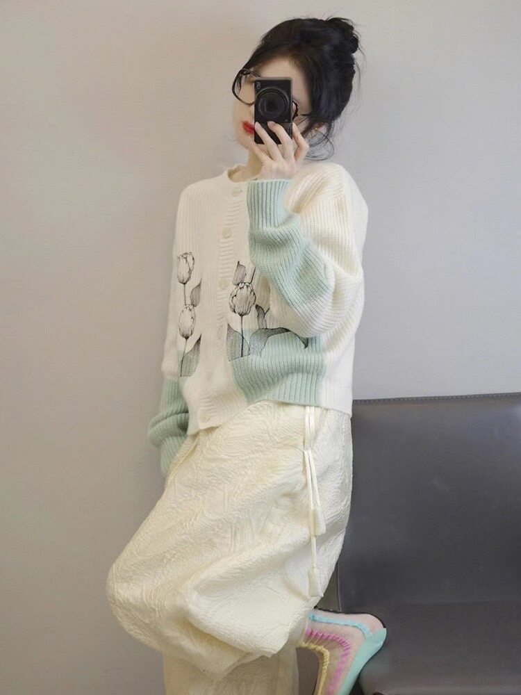 秋冬季新款慵懒风新中式水墨印花宽松开衫毛衣,针织衫/毛衣,圣旺供货