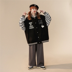 中性风 22秋季新款模糊字母锁链爱心棋盘格拼接棒球服G706P85控98图片