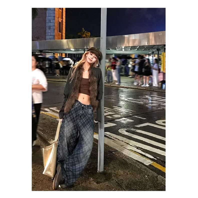 美式水洗做旧网格阔腿牛仔裤男女宽松休闲百搭拖地长裤NK0928-P58,男装牛仔裤,星座308B-2
