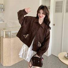 现货2026年新品咖色拼接复古外套0759P155K238，女装短外套，2C201