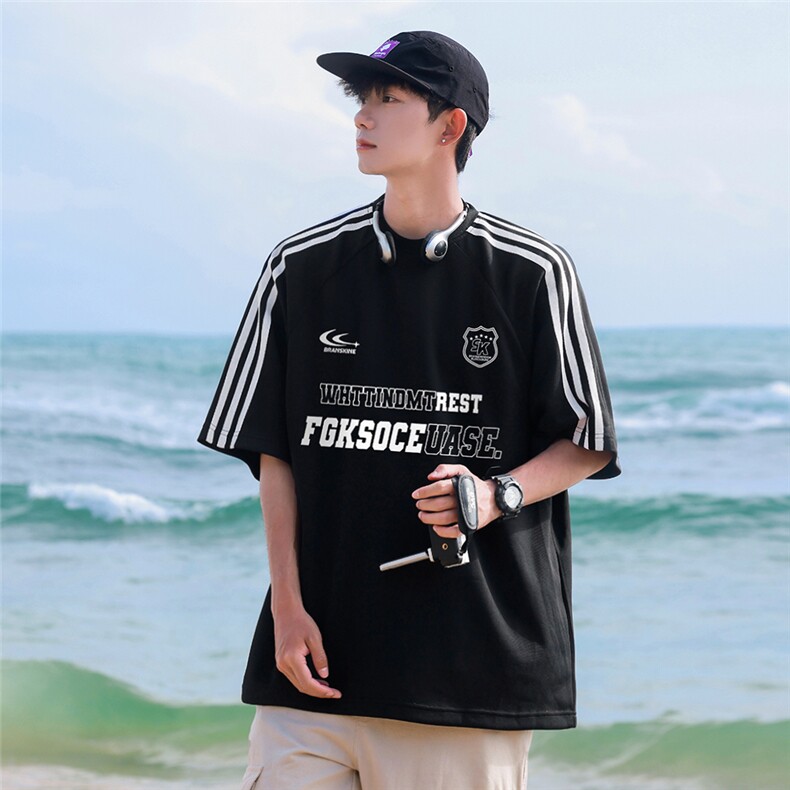 夏季新款潮流宽松圆领撞色色插肩织带短袖男 DT6561 P35控48图片