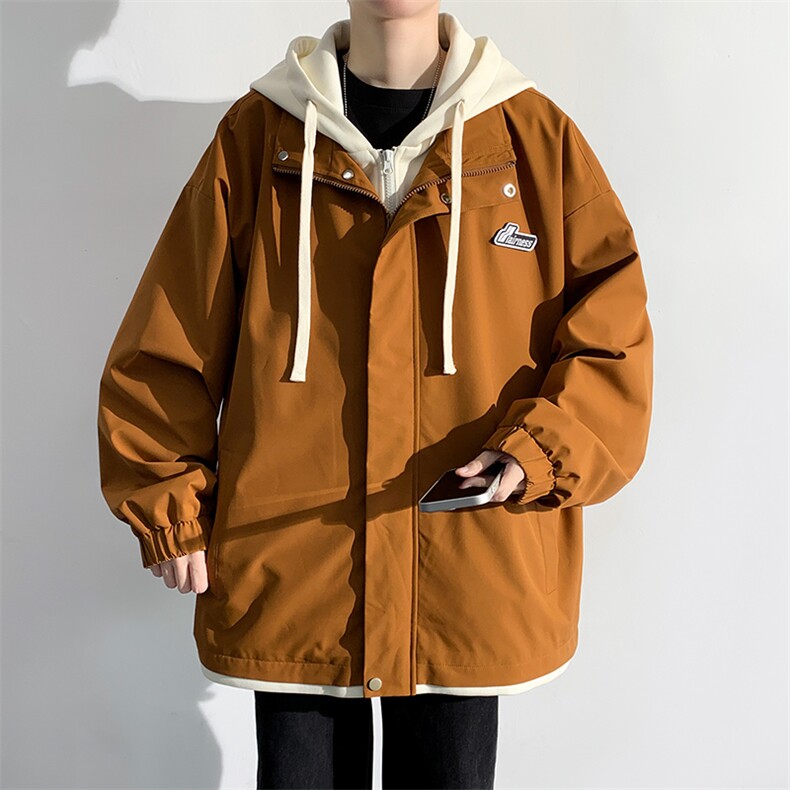春秋款工装连帽假两件夹克潮流拼色宽松冲锋衣外套JK8310-P65,男装夹克,电商B306