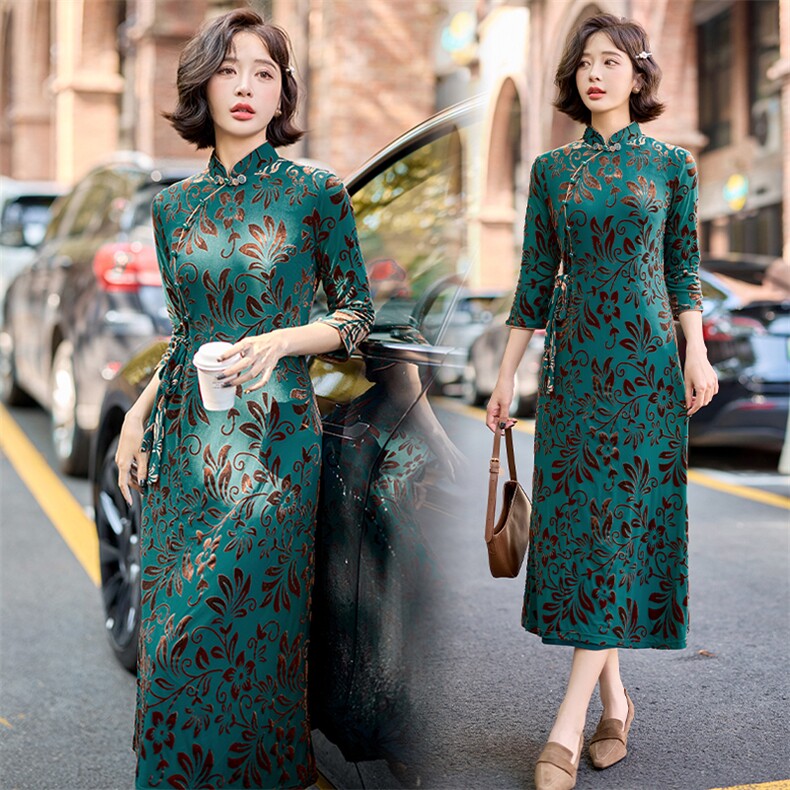 改良版旗袍新款2025新款金丝绒提花奢华优雅气质妈妈连衣裙春秋装，女装汉服/婚纱/旗袍/礼服，水衣源
