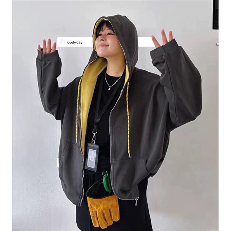 抖音得物二开美式高街重磅结构双层撞色连帽卫衣开衫外套W116，男装卫衣，电商A486