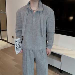 秋冬红慵懒毛衣针织卫衣弯刀裤套装男潮TZ351上衣76裤子80图片