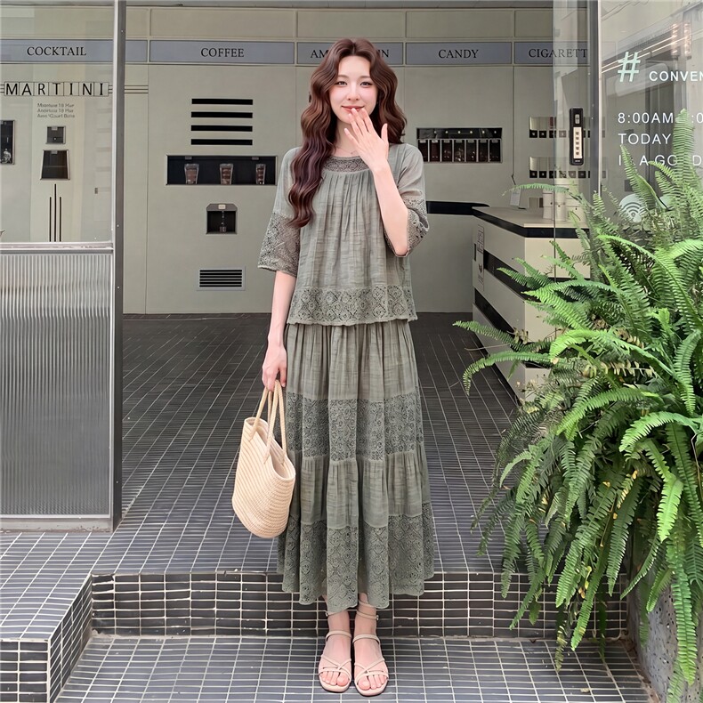套装女夏季蕾丝拼接优雅温柔女人味加色两件套,女装套装/套裙,曼沙奕珂