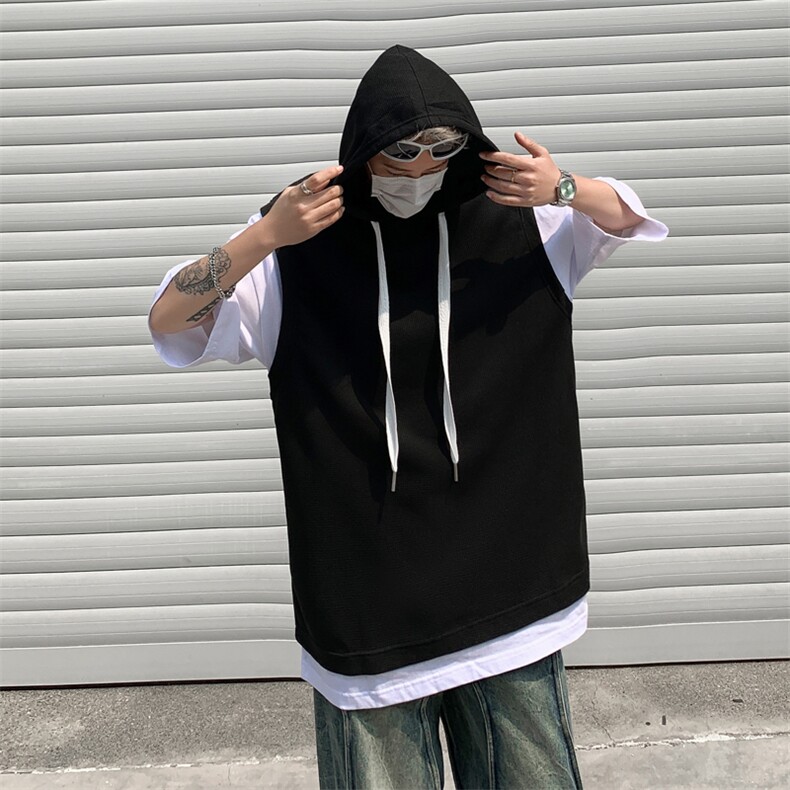 夏男假两件T恤连帽背心华夫格休闲T恤衫T256P30,男装T恤,星座1013-1