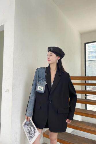 牛仔拼接西服外套，其它，谦度