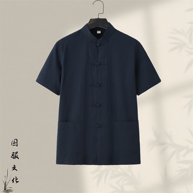 夏季大码盘扣棉麻短袖衬衫新中式风纯色复古微领衬衣GF2501-P55,男装衬衫,星座1105-3