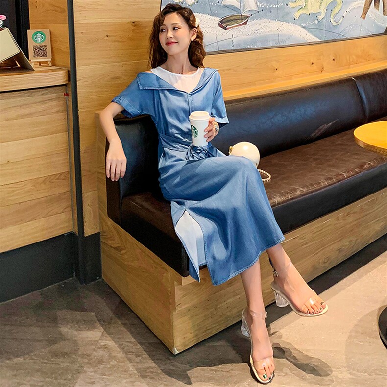 2020年夏季时尚潮流个性简约纯色圆领高腰A字裙拼接,女装连衣裙,曼娅璐