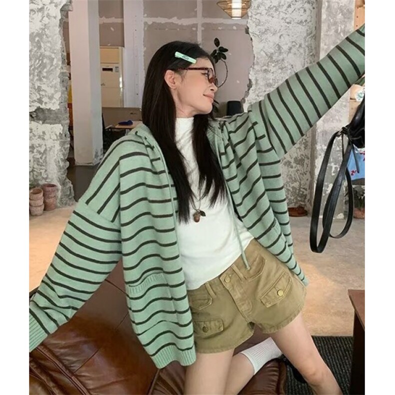 条纹连帽毛衣开衫女秋装新款韩版百搭针织衫外搭上衣MH33,男装针织衫/毛衣,星座1116A（原606A-3）