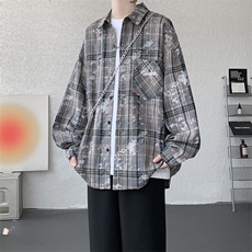 衬衫男春季新款港风宽松大码格子扎染刺绣长袖衬衣CS3016-P38，男装衬衫，星座214-3