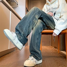 牛仔裤男水洗做旧修身直筒宽松微喇裤子美式高街微弹休闲长裤，男装牛仔裤，星座410-7