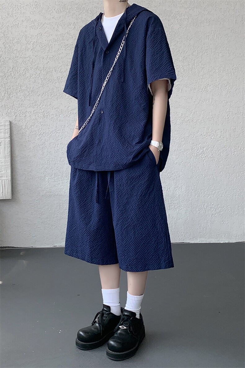 TZ793-特55控98新款速干肌理感连帽男短袖衬衫六分裤大码套装,男装T恤,电商A059
