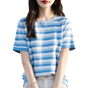 正肩短袖条纹T恤女2025夏季新款小个子纯棉显瘦宽松圆领体恤上衣图片