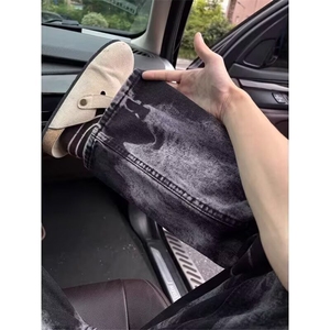 黑色扎染复古高街牛仔裤男春秋新款痞帅炸街美式l直筒微喇弯刀裤图片
