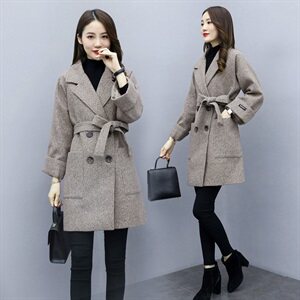 冬装新款毛呢外套女时尚双排扣中长款西装领（配腰带）图片