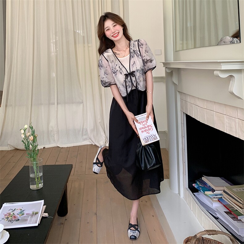 新中式国风印花上衣套装女2025夏季新款收腰显瘦气质连衣裙两件套,女装连衣裙,2C299