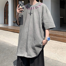 短袖t恤男港风印花圆领体恤夏季简约百搭潮牌五分袖上衣T0104-P35，男装T恤，星座308B-1