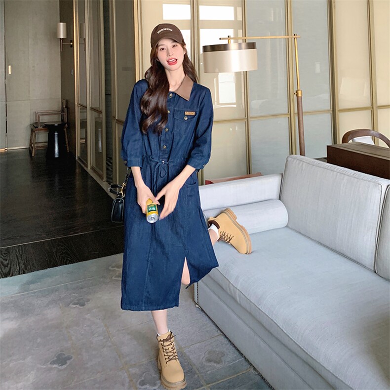 复古翻领牛仔连衣裙女2024年春秋新款高腰修身气质开叉裙子,女装连衣裙,点滴
