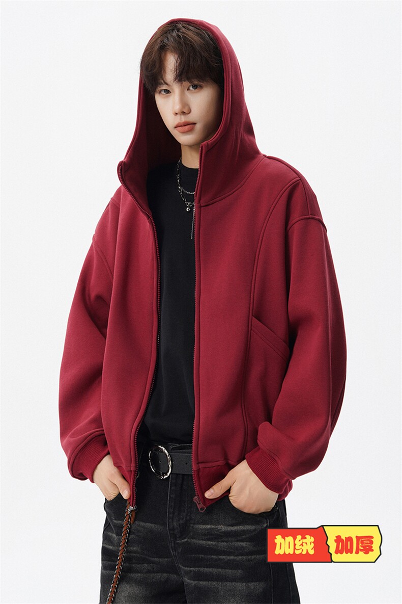 8XL-M休闲复古潮美式重磅连帽宽松安克拉红色卫衣外套WY34P8,女装短外套,电商D206-1