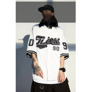 美式高街hiphop短袖衬衫男女欧美潮牌街头舞蹈上衣宽松情侣棒球服图片