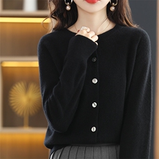 百搭圆领纯羊毛开衫春秋毛衣外套女插肩袖外搭修身羊绒衫针织上衣，女装羊毛衫，绒汀羊绒