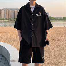 特P55控108绣花弹力透气衬衣短袖套装夏季衬衫短裤两件套XTZ221，男装T恤，电商B370