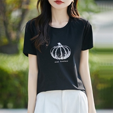 花朵绣片粉色丝光纯棉正肩短袖t恤女2023新款夏季圆领宽松显瘦，女装T恤，暖烁羊绒