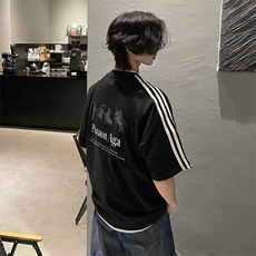 抖音得物高品质二开240克宽松纯棉美式潮牌三条杠织带短袖T恤，男装T恤，电商A486-1