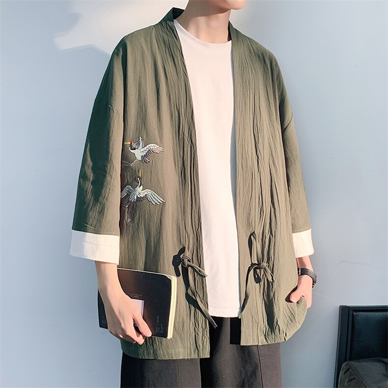 2021夏季新光影白墙潮流大码boy亚麻刺绣七分袖道袍开衫T1535-P40,男装T恤,电商A001