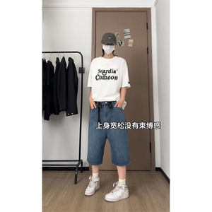 美式复古阔腿牛仔短裤宽松直筒青少年裤子潮牌潮流百搭直筒裤图片