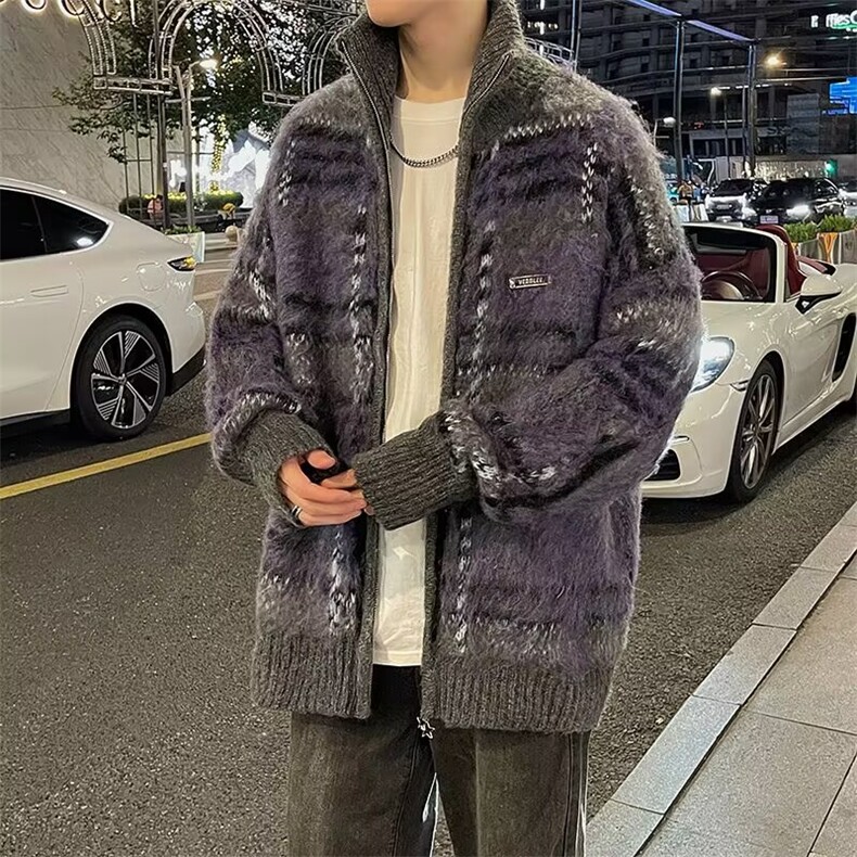 秋冬季慵懒风复古拉链开衫毛衣男宽松高级感情侣条纹撞色针织外套,男装针织衫/毛衣,星座1013