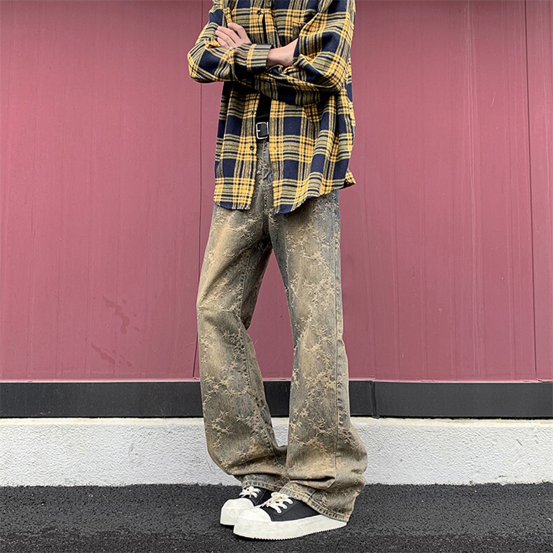 美式高街提花牛仔裤男女款潮牌水洗直筒宽松痞帅微喇裤AK06-P45，男装牛仔裤，星座308B-2