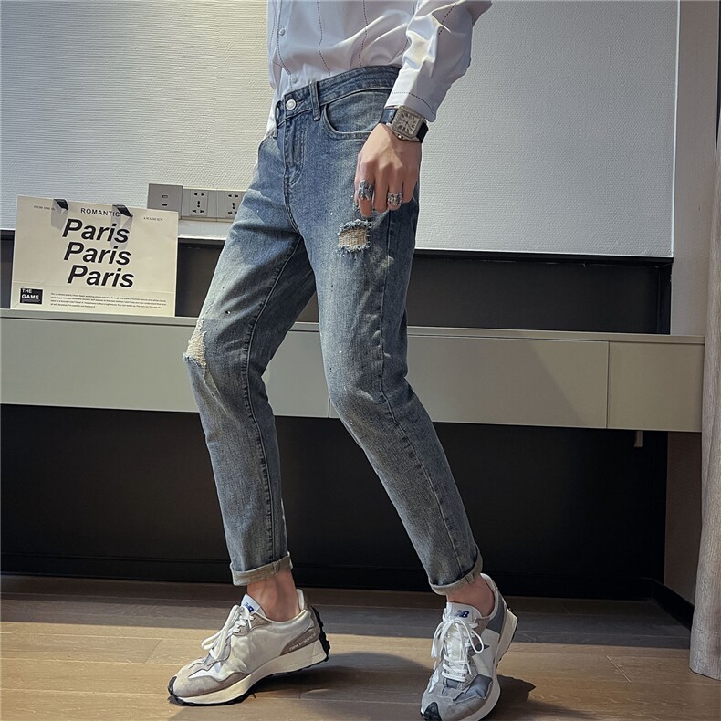 B230时尚做旧泼墨甩漆破烂补丁修身牛仔裤男长期备货款7705P90,男装牛仔裤,电商B230