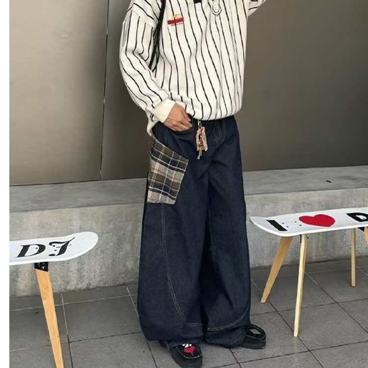 格子拼接弯刀牛仔裤男潮牌痞帅美式复古baggy裤子直筒宽松萝卜裤,男装牛仔裤,星座506A