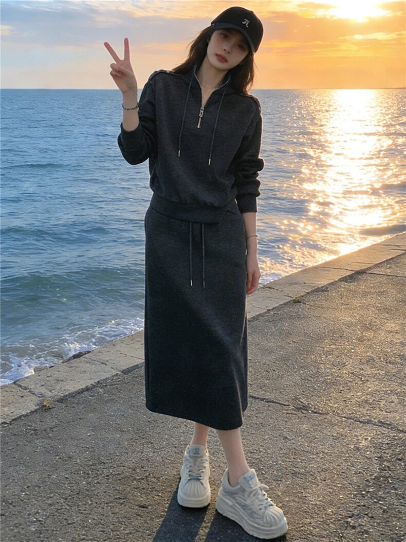 高端气质时尚套装裙女春季新款洋气显瘦立领卫衣修身半身裙两件套,女装套装/套裙,江南