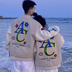 植绒毛巾绣拼色棒球服男女春秋潮宽松情侣百搭夹克外套HH012P66，男装夹克，星座1013-5