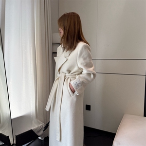 2025年夏季新款百搭女士系绳polo领长款大衣，女装双面呢大衣，蒙绒特