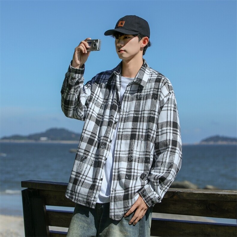 25年春季格子衬衫长袖大码宽松落肩现货DS-C323-1-2387-特批35，男装衬衫，电商C323-1