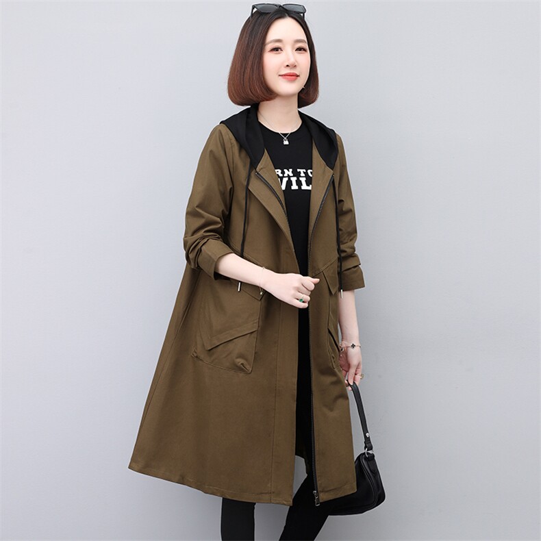 连帽风衣外套女春秋2023年新款胖MM宽松大码中年妈妈高端长款风衣,女装风衣,玛其路